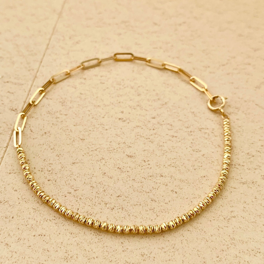 Ready to ship!18K Solid Gold Mismatched Sparkly Beads & Paperclip Chain Bracelet, 18ct Gold Diamond Cut Beaded Chain Bracelet for Women