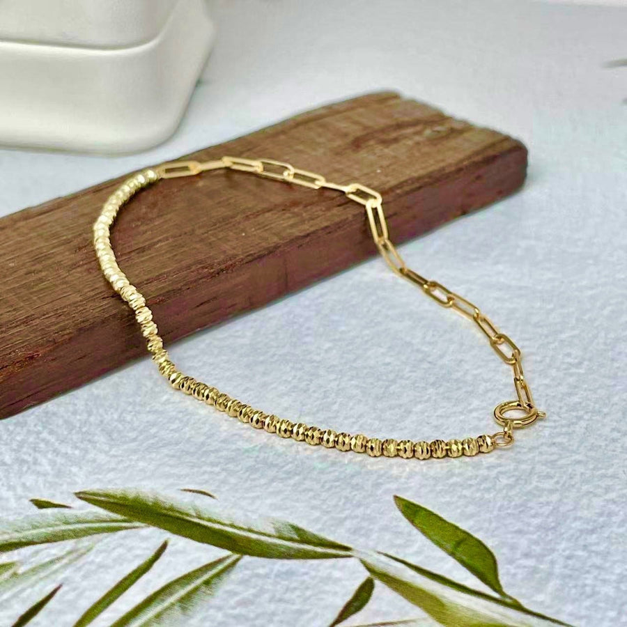 Ready to ship!18K Solid Gold Mismatched Sparkly Beads & Paperclip Chain Bracelet, 18ct Gold Diamond Cut Beaded Chain Bracelet for Women