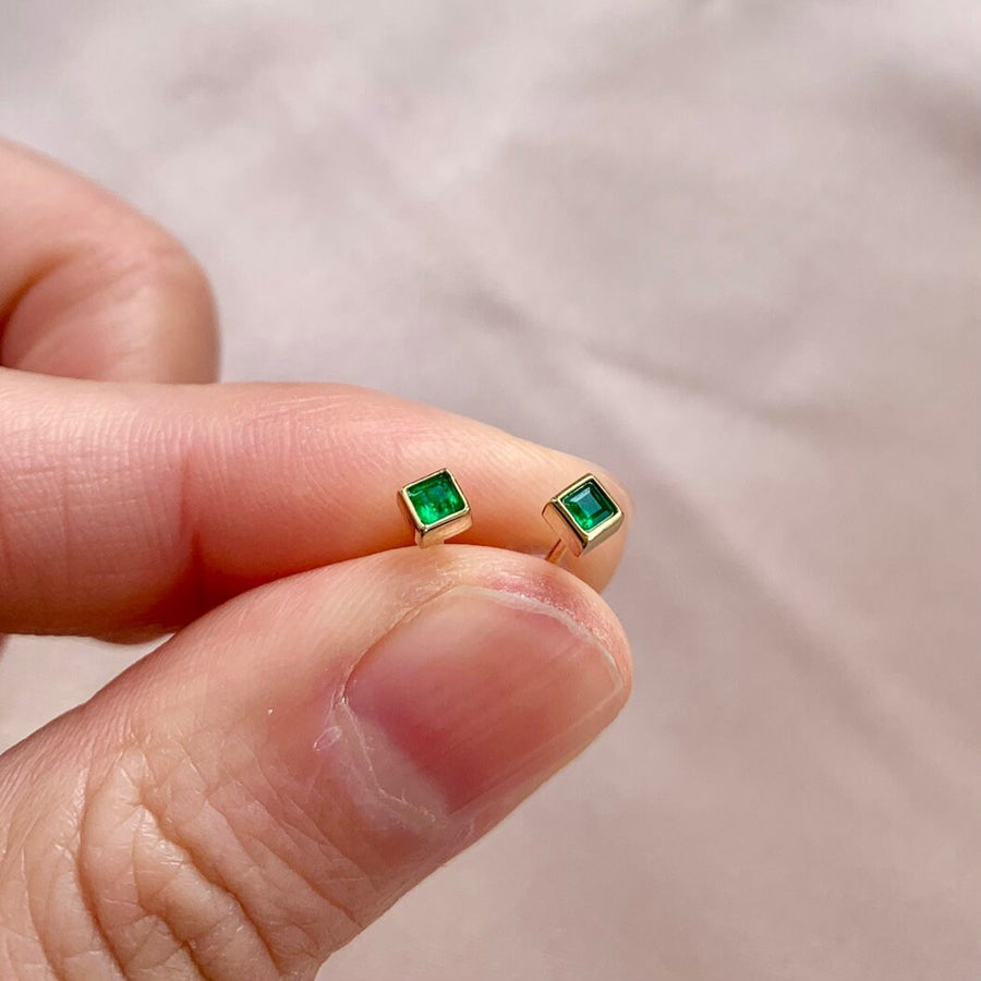 Ready to ship! 18K Solid Gold Natural Emerald Tiny Stud Earrings, Genuine Dainty Emerald Minimalist Square Earrings, May Birthstone Gift