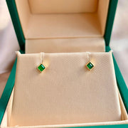 Ready to ship! 18K Solid Gold Natural Emerald Tiny Stud Earrings, Genuine Dainty Emerald Minimalist Square Earrings, May Birthstone Gift