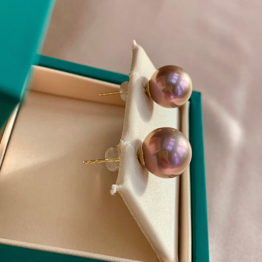 Ready to ship! Rare Top Grade Edison Freshwater Purple Pearl Stud Earrings, 18k Solid Gold Large 12mm Pink Lilac Pearl Earrings