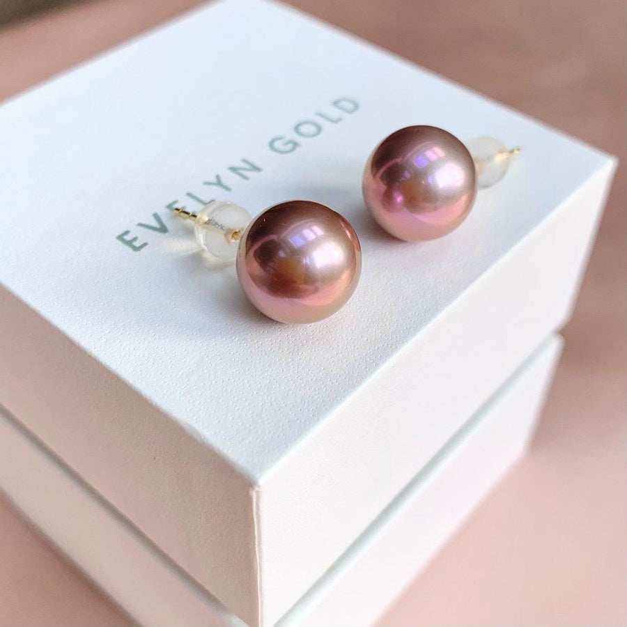 Ready to ship! Rare Top Grade Edison Freshwater Purple Pearl Stud Earrings, 18k Solid Gold Large 12mm Pink Lilac Pearl Earrings