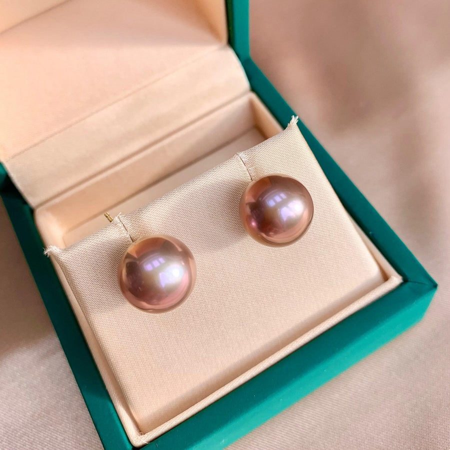 Ready to ship! Rare Top Grade Edison Freshwater Purple Pearl Stud Earrings, 18k Solid Gold Large 12mm Pink Lilac Pearl Earrings