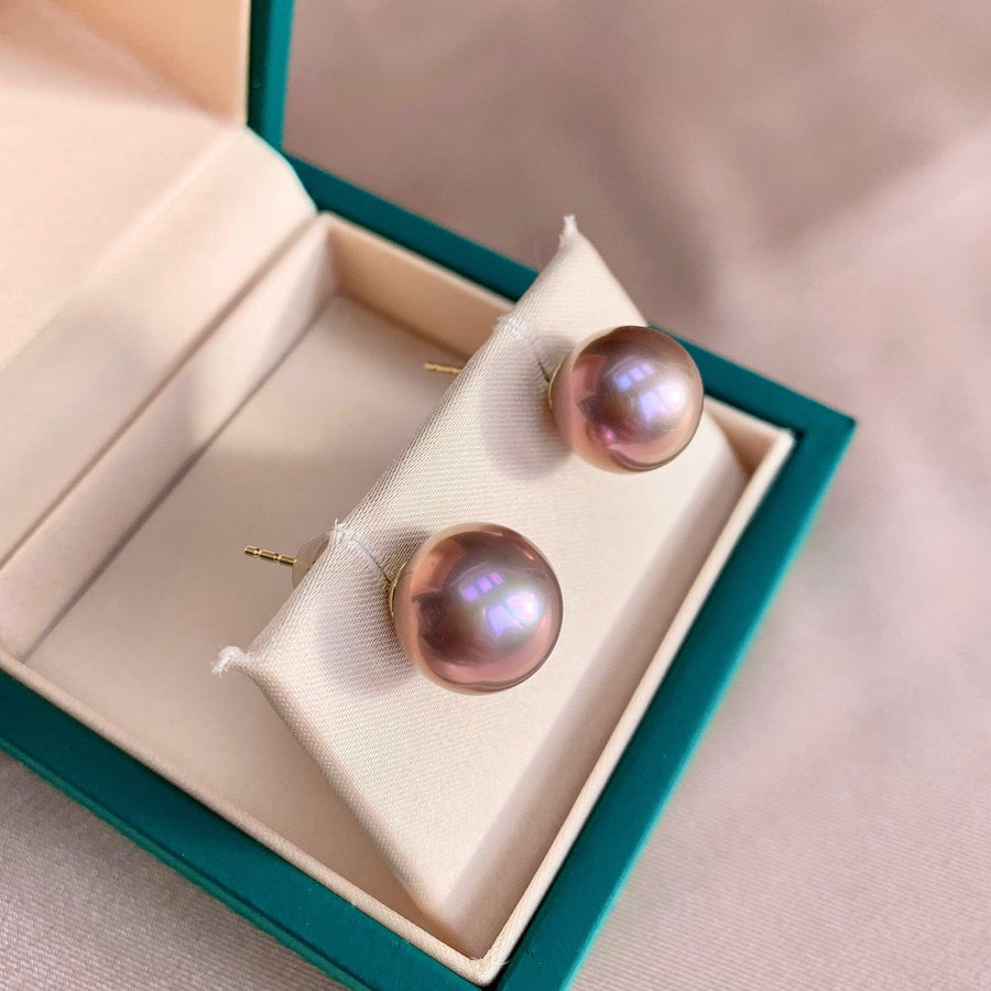 Ready to ship! Rare Top Grade Edison Freshwater Purple Pearl Stud Earrings, 18k Solid Gold Large 12mm Pink Lilac Pearl Earrings