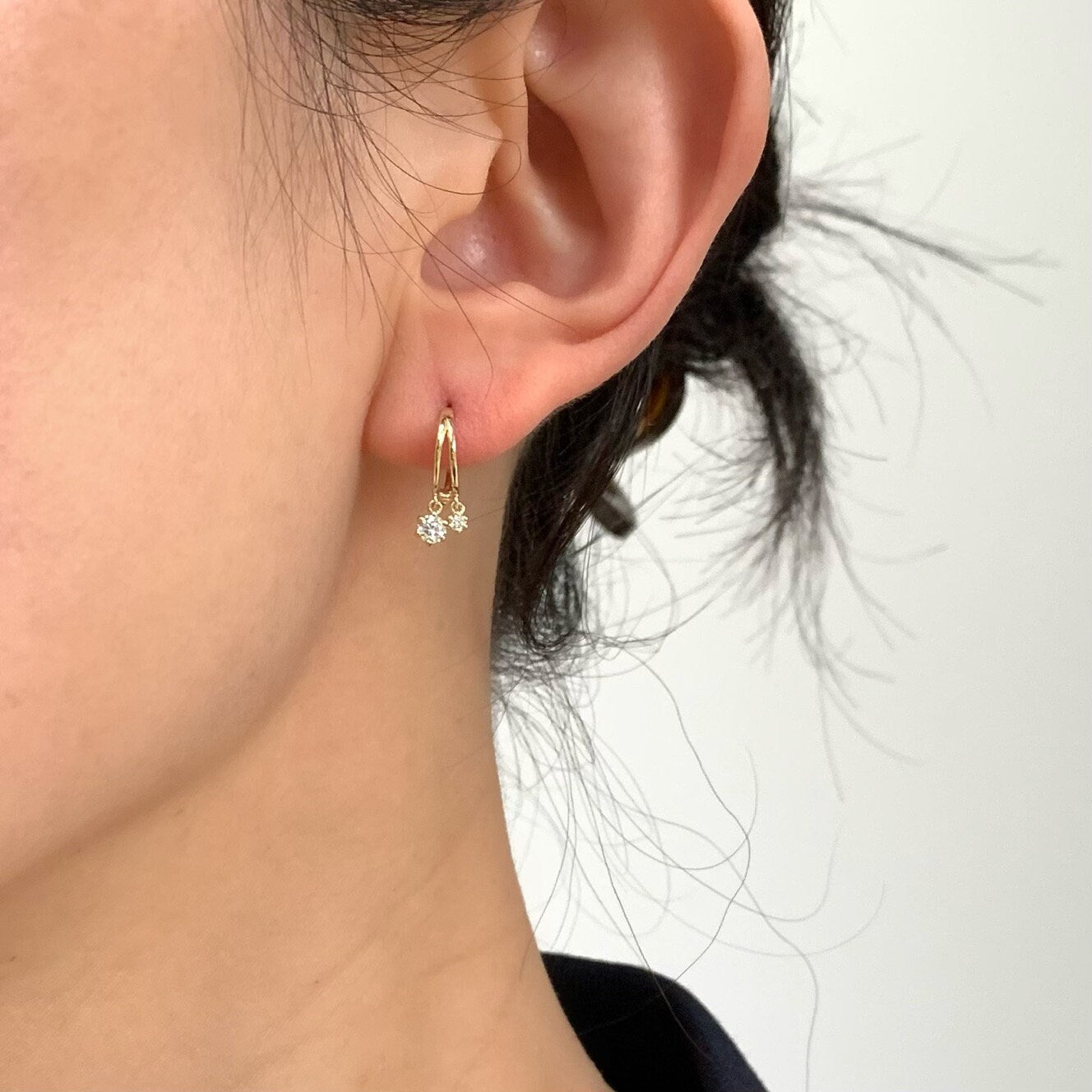 14K Solid Gold Dainty Duo Moissanite Huggie Hoop Earrings, Diamond drop Earrings, Solid Gold Two Charms Huggies, Gift for her