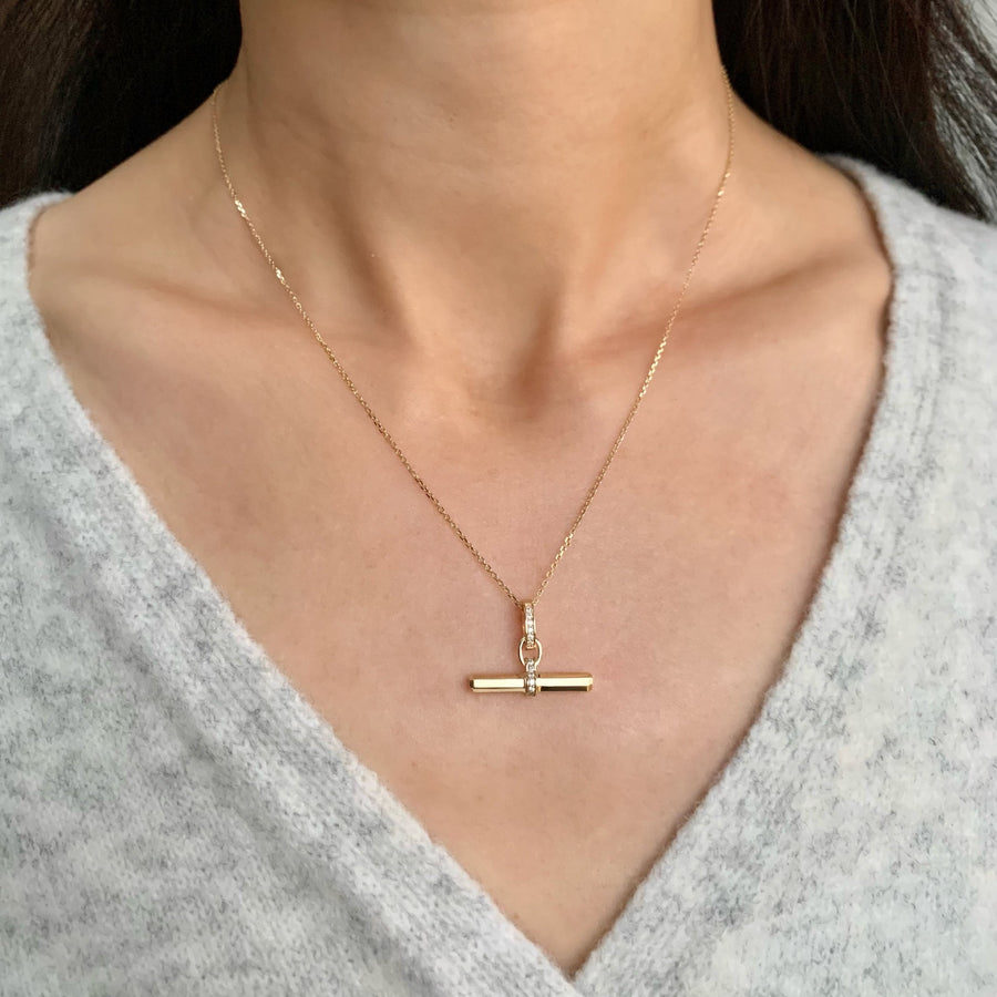 14K Solid Gold Balance Beam Pendant Charm with Moissanite Diamonds (Necklace NOT INCLUDED), Unique T-Bar Pendant for Women