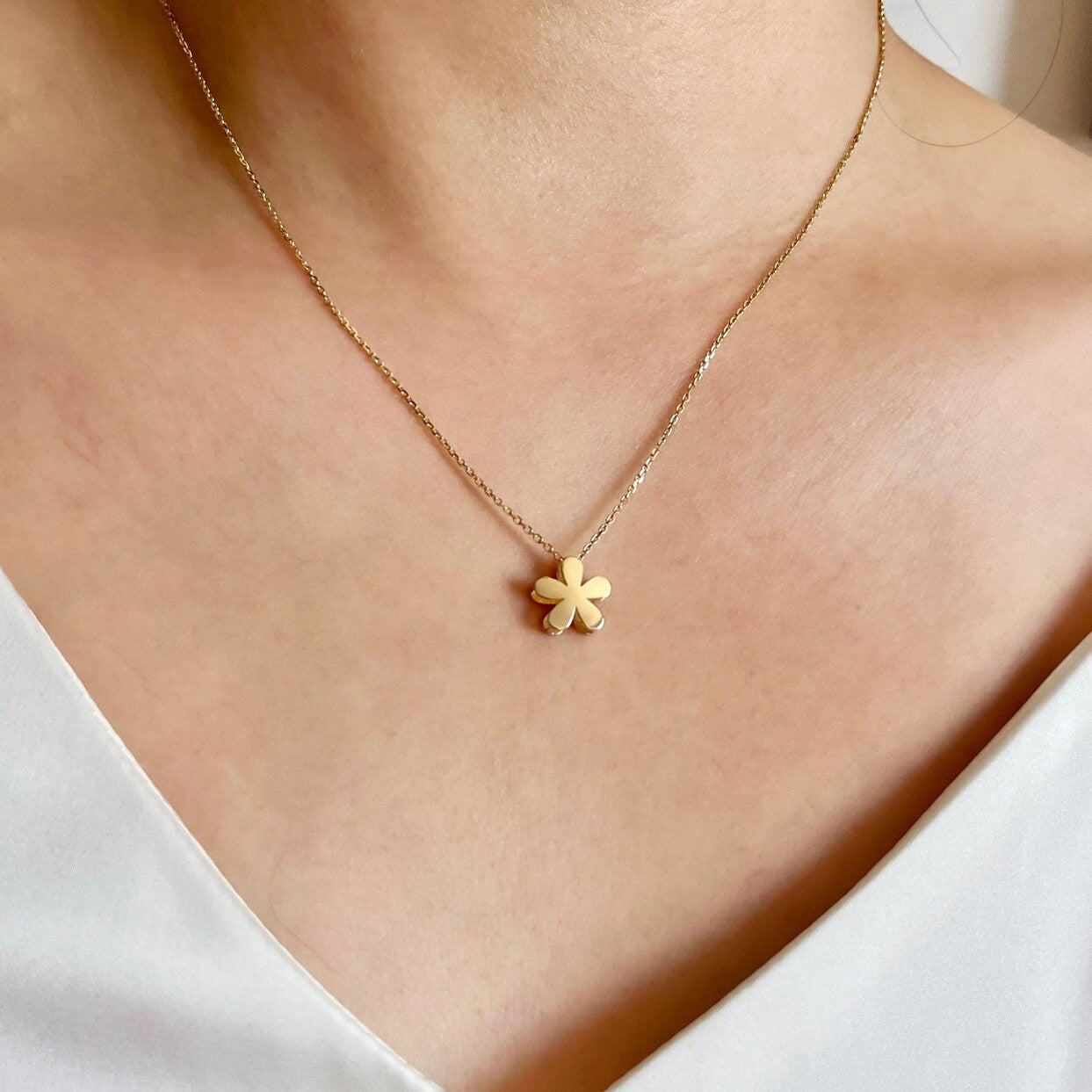 Ready to ship! 14K Solid Gold Unique Flower Charm Necklace, Double Sided 3D Flower Pendant, Solid Gold Floral Blossom Necklace for Women