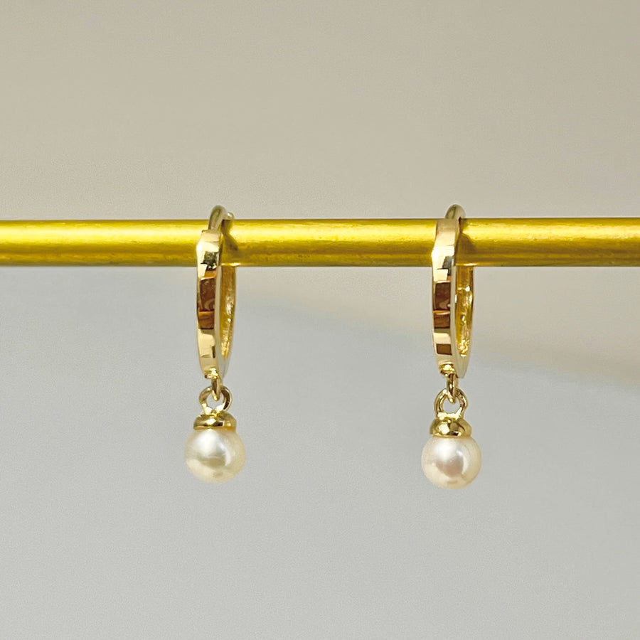 Ready to ship!14K/18K Solid Yellow/Rose Gold Fresh Water Dainty Pearl Huggie Hoop Earrings, Real Gold Dainty Pearl Dangle Drop Earrings