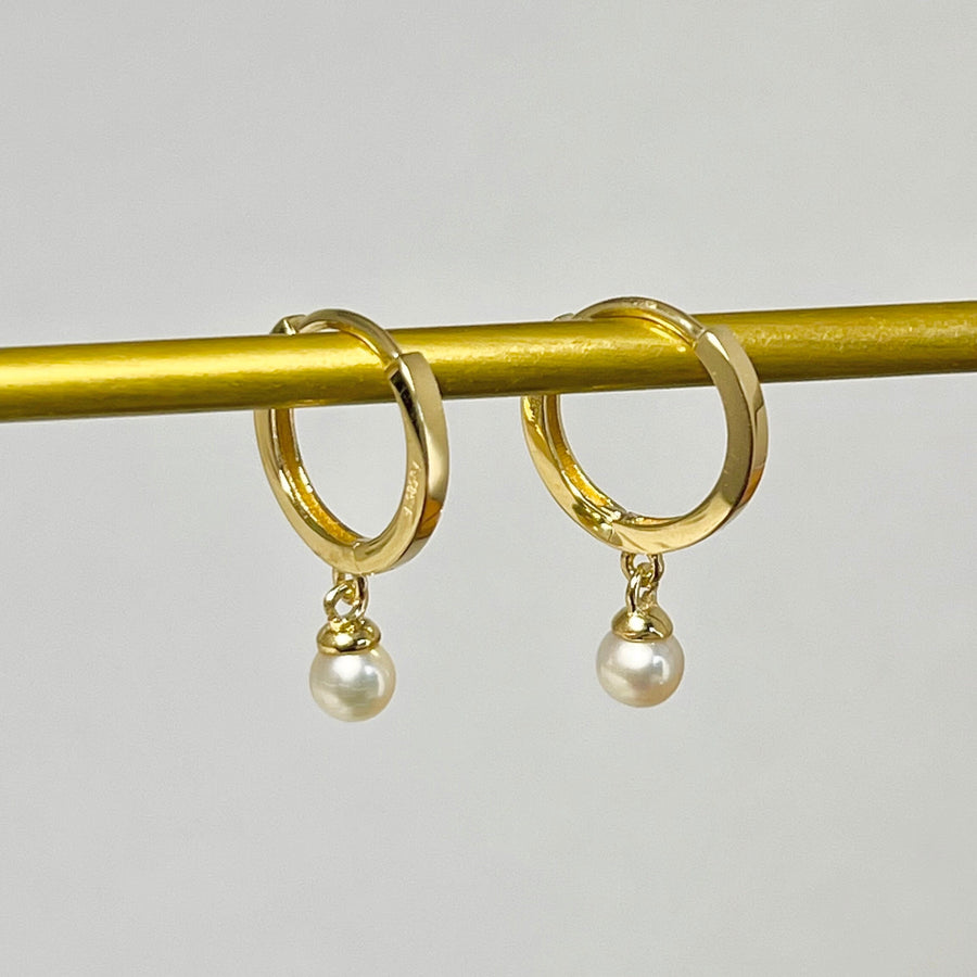 Ready to ship!14K/18K Solid Yellow/Rose Gold Fresh Water Dainty Pearl Huggie Hoop Earrings, Real Gold Dainty Pearl Dangle Drop Earrings