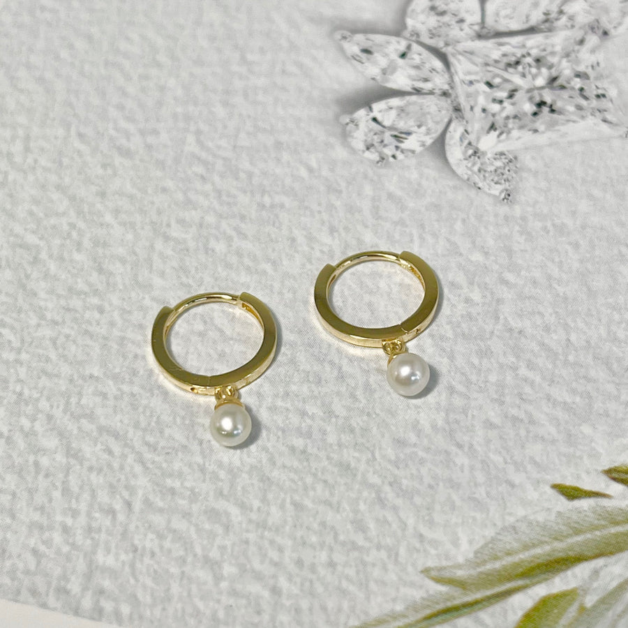 Ready to ship!14K/18K Solid Yellow/Rose Gold Fresh Water Dainty Pearl Huggie Hoop Earrings, Real Gold Dainty Pearl Dangle Drop Earrings