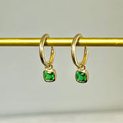 14K/18K Solid Gold Green Gemstone Huggie Hoop Earrings, Dainty Emerald Coloured Green Gemstone Charm Dangle Drop Earrings