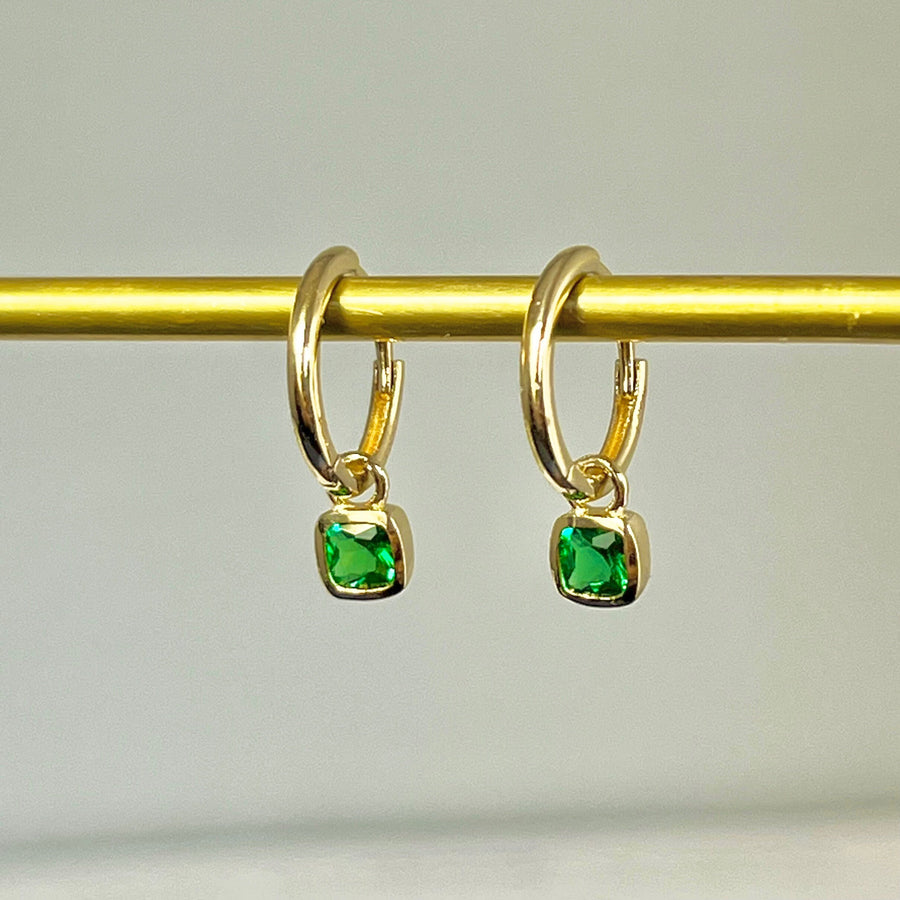 14K/18K Solid Gold Green Gemstone Huggie Hoop Earrings, Dainty Emerald Coloured Green Gemstone Charm Dangle Drop Earrings