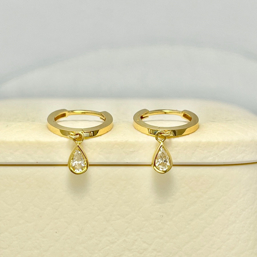 Ready to Ship! 14K Solid Gold Dainty Dangle Teardrop Moissanite Diamond Huggie Hoop Earrings, Solitaire Diamond Earrings, Mini Charm Huggies