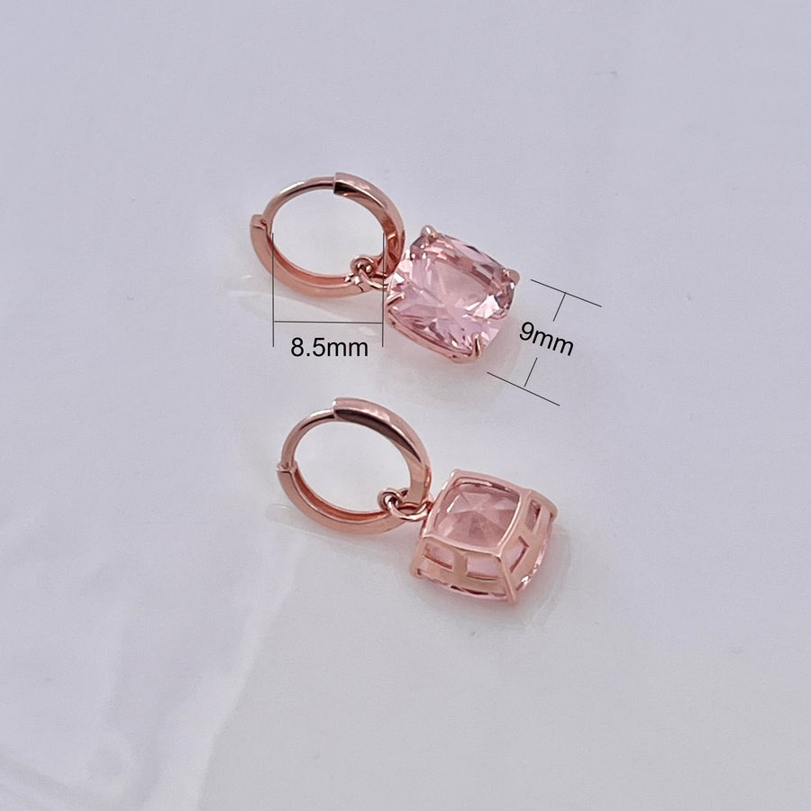 Ready to ship! 14k Solid Rose Gold Cherry Blossom Pink Gemstone Drop Earrings, Solid Gold Synthetic Pink Morganite Huggie Hoop Earrings