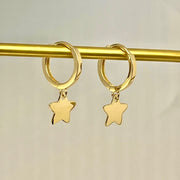 Ready to ship! 14K Solid Gold Dainty Dangle Star Charm Huggie Hoop Earrings, Celestial Earrings, Star Charm Drop Earrings, Gift for her