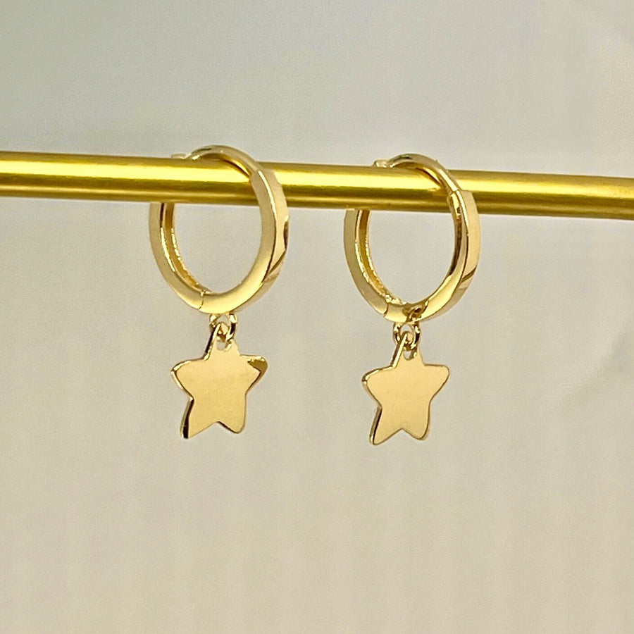 Ready to ship! 14K Solid Gold Dainty Dangle Star Charm Huggie Hoop Earrings, Celestial Earrings, Star Charm Drop Earrings, Gift for her