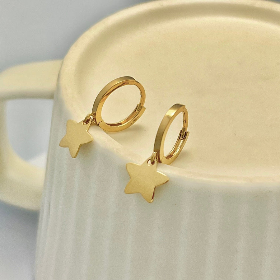 Ready to ship! 14K Solid Gold Dainty Dangle Star Charm Huggie Hoop Earrings, Celestial Earrings, Star Charm Drop Earrings, Gift for her