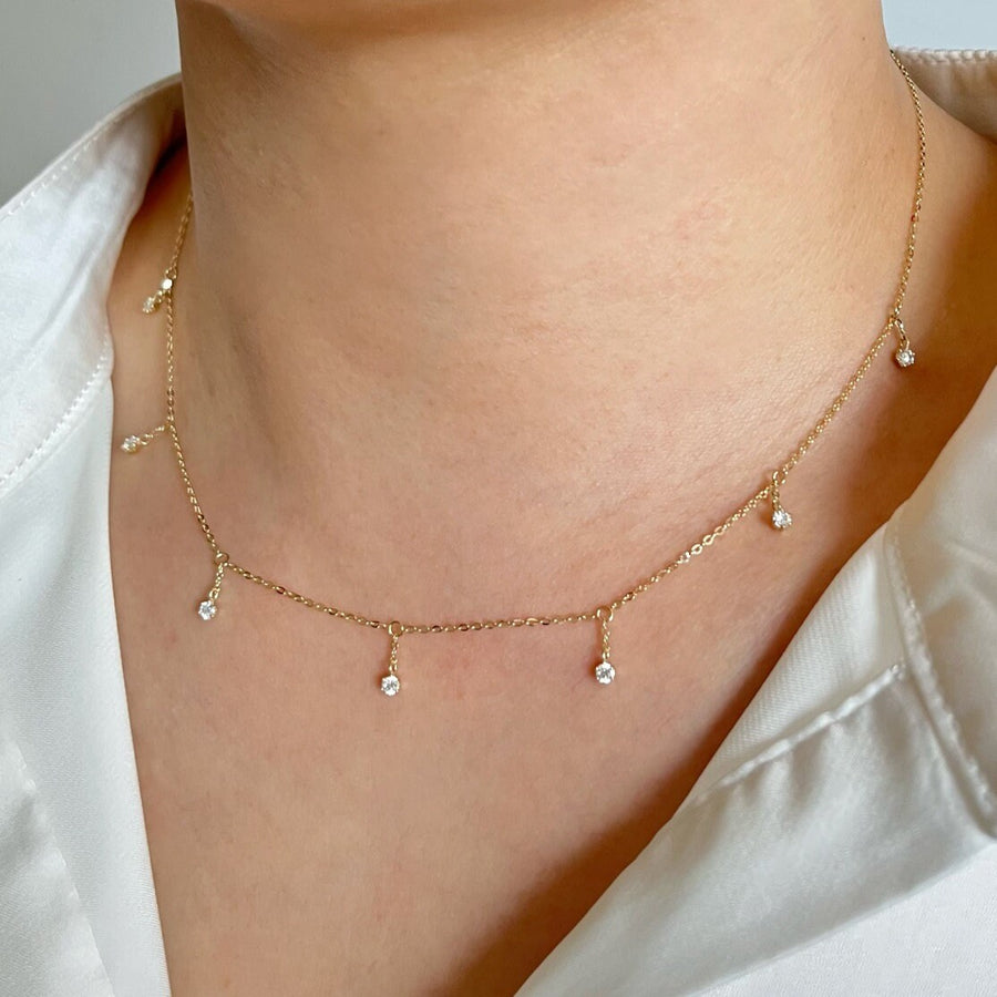 9k/14k Solid Gold Dainty Moissanite Diamond Charm Satellite Necklace, Multi Diamond Dangle Necklace, Minimalist Necklace