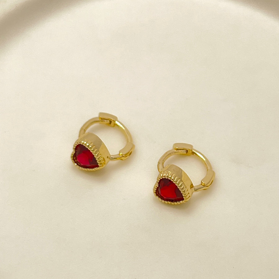 14K/18K Solid Gold Dainty Synthetic Ruby Heart Cartilage Earrings, Tiny Red Heart Single Huggie Earring for Multiple Piercings