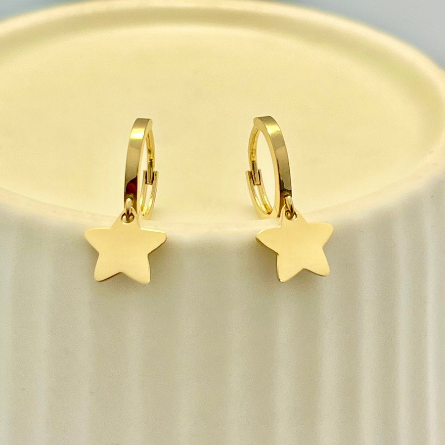 Ready to ship! 14K Solid Gold Dainty Dangle Star Charm Huggie Hoop Earrings, Celestial Earrings, Star Charm Drop Earrings, Gift for her