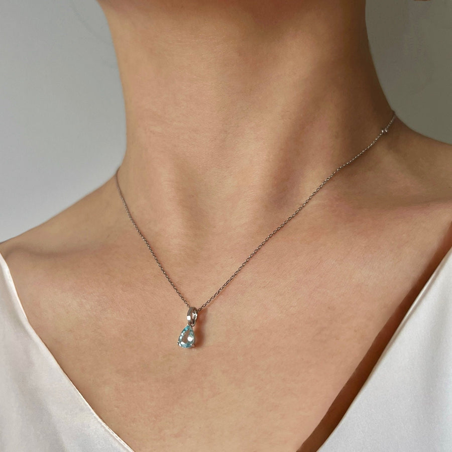 18K Solid White Gold Aquamarine Teardrop Pendant, Solid Gold Natural Aquamarine Teardrop Necklace Charm with Detachable Bail