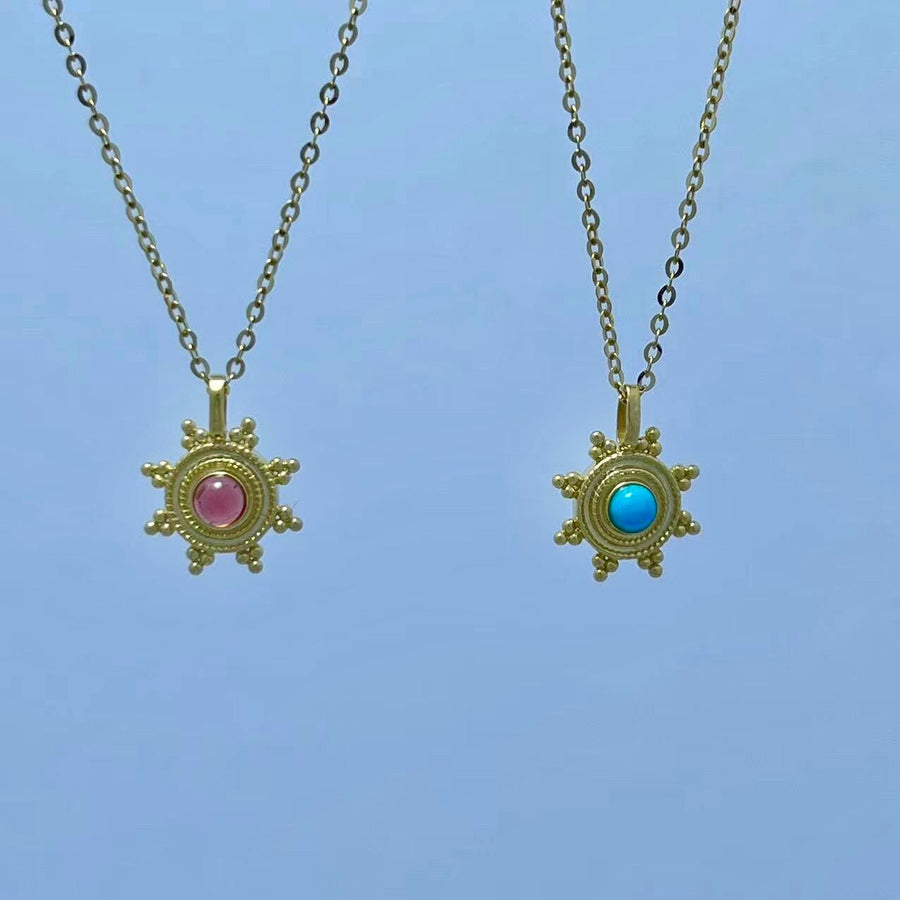 Ready to ship!14K Solid Gold Sunburst Dainty Charm Necklace, Natural Turquoise/Natural Garnet Pendant Necklace for Women, Gift for Her