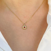 Ready to ship!14K Solid Gold Sunburst Dainty Charm Necklace, Natural Turquoise/Natural Garnet Pendant Necklace for Women, Gift for Her