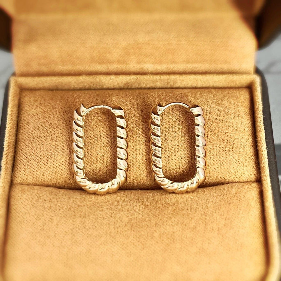 14k/18k Solid Gold Twisted Braided Rectangular Hoop Earrings, Solid Gold Oblong Hoops for Women, Chunky Geometric Earrings, Gift for her