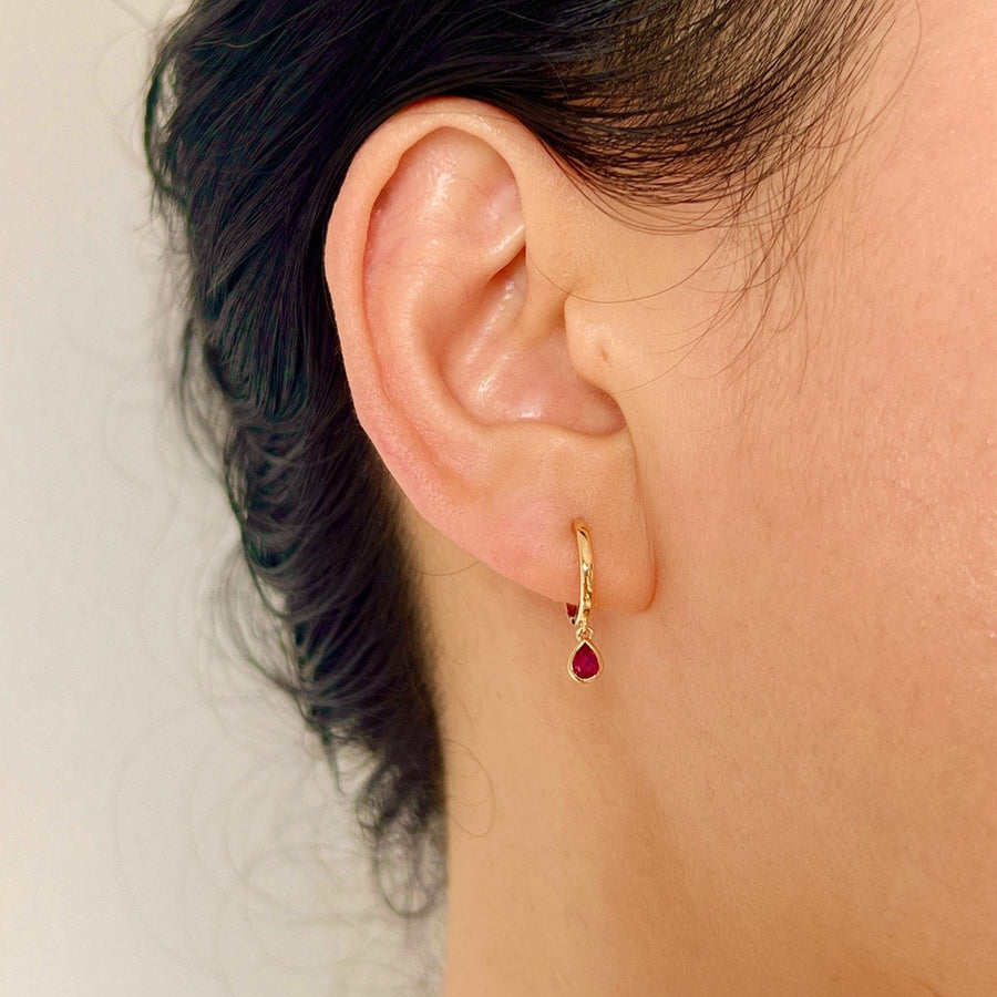 18K Solid Gold Natural Teardrop Ruby Charm Drop Earrings, Dainty Solitaire Genuine Ruby Huggie Hoop Earrings, Gift for her