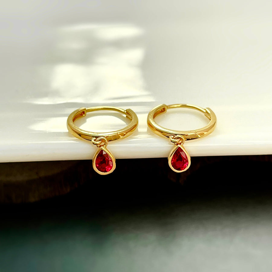 18K Solid Gold Natural Teardrop Ruby Charm Drop Earrings, Dainty Solitaire Genuine Ruby Huggie Hoop Earrings, Gift for her