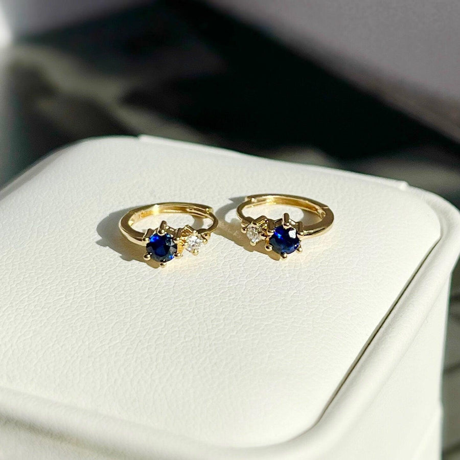 Ready to ship! 18K Solid Gold Natural Blue Sapphire & Diamond Dainty Huggie Hoop Earrings, Genuine Royal Blue Sapphire Huggies, Gift for her