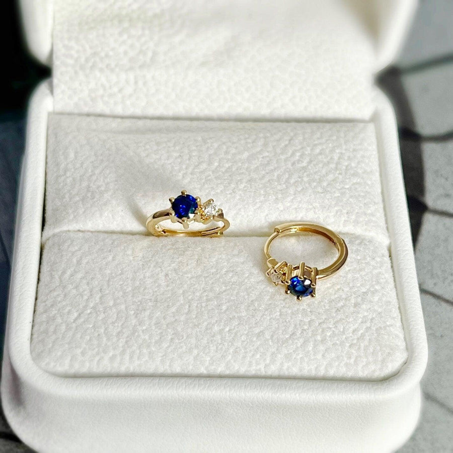 Ready to ship! 18K Solid Gold Natural Blue Sapphire & Diamond Dainty Huggie Hoop Earrings, Genuine Royal Blue Sapphire Huggies, Gift for her