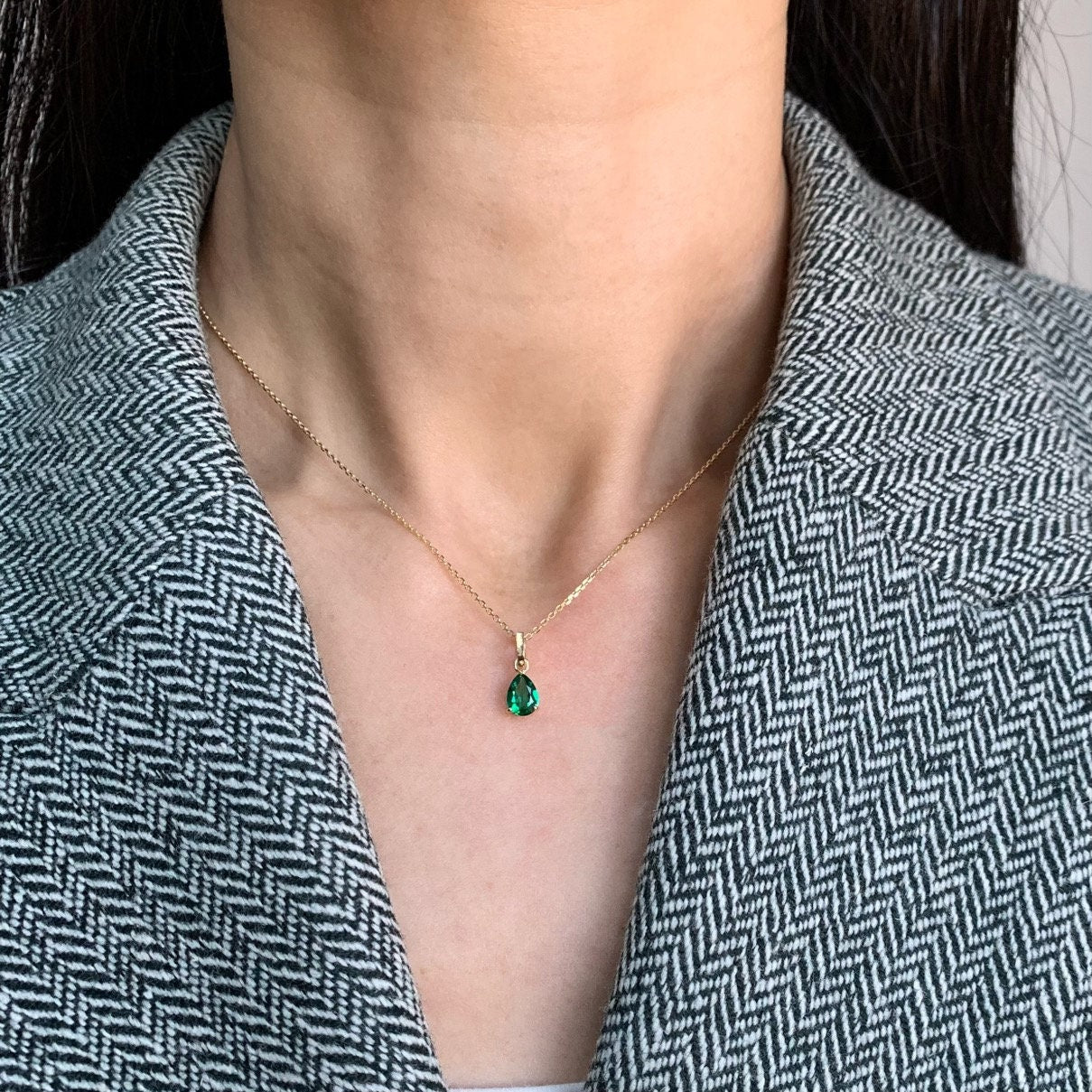 Ready to ship! 14K Solid Gold Solitaire Teardrop Emerald Pendant Necklace, Solid Gold Labgrown Emerald Necklace Charm with Open Bail