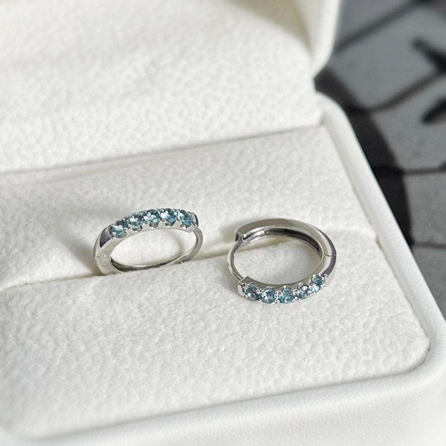 Ready to ship!18K Solid White Gold Aquamarine Huggie Hoop Earrings, Real Natural Acuamarine Pavé Earrings, March Birthstone Gift for her