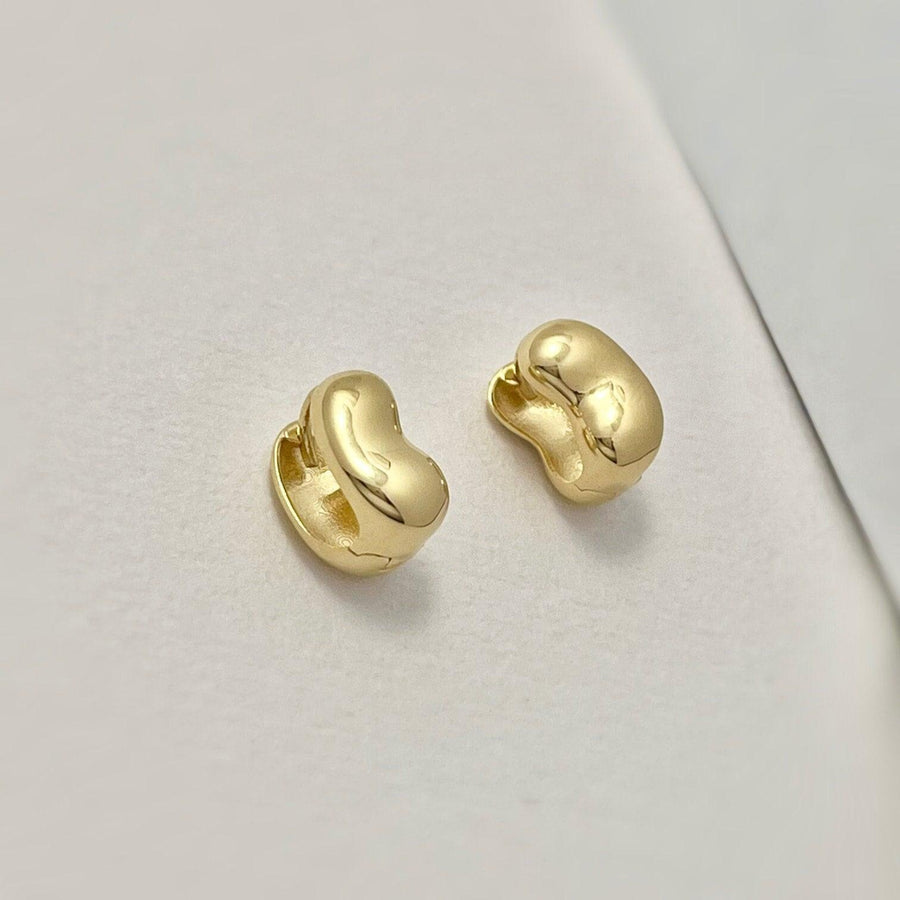 Ready to ship! 14K Solid Gold Bean Huggie Earrings, Cute Double-Sided Bean Huggies, Real Gold Chunky Huggies, Solid Gold Earrings for her