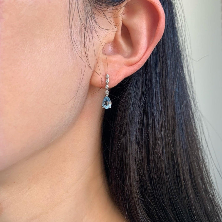 Ready to ship! 18K Solid Gold Natural Teardrop Aquamarine Drop Earrings, Real White Sapphire and Aquamarine Drop Earrings, Gift for her