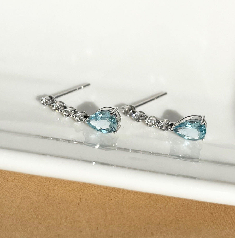 Ready to ship! 18K Solid Gold Natural Teardrop Aquamarine Drop Earrings, Real White Sapphire and Aquamarine Drop Earrings, Gift for her