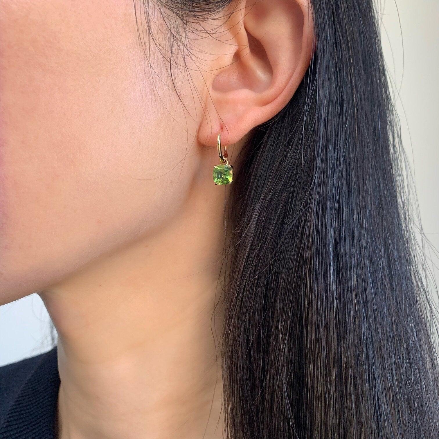 Ready to ship! 14k Solid Gold 3.2ct Natural Peridot Drop Earrings, Solid Gold Square Green Peridot Huggie Earrings, August Birthstone Gift