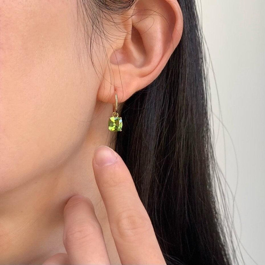 Ready to ship! 14k Solid Gold 3.2ct Natural Peridot Drop Earrings, Solid Gold Square Green Peridot Huggie Earrings, August Birthstone Gift