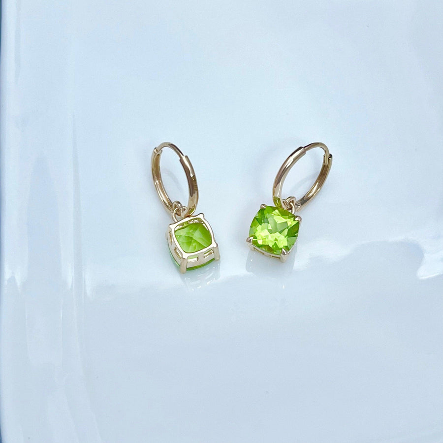 Ready to ship! 14k Solid Gold 3.2ct Natural Peridot Drop Earrings, Solid Gold Square Green Peridot Huggie Earrings, August Birthstone Gift