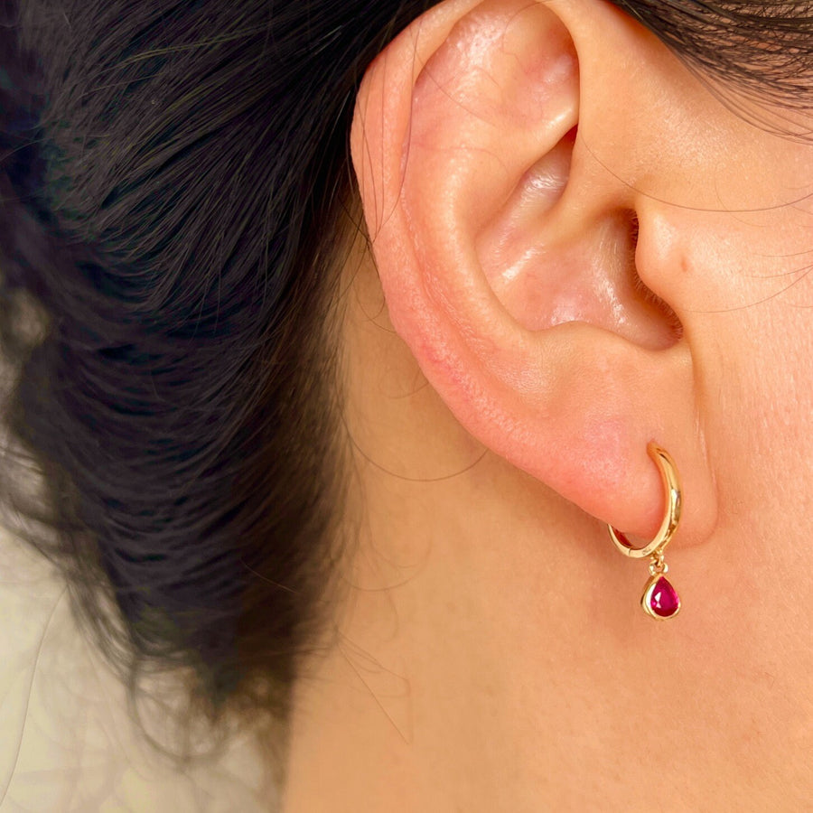 18K Solid Gold Natural Teardrop Ruby Charm Drop Earrings, Dainty Solitaire Genuine Ruby Huggie Hoop Earrings, Gift for her