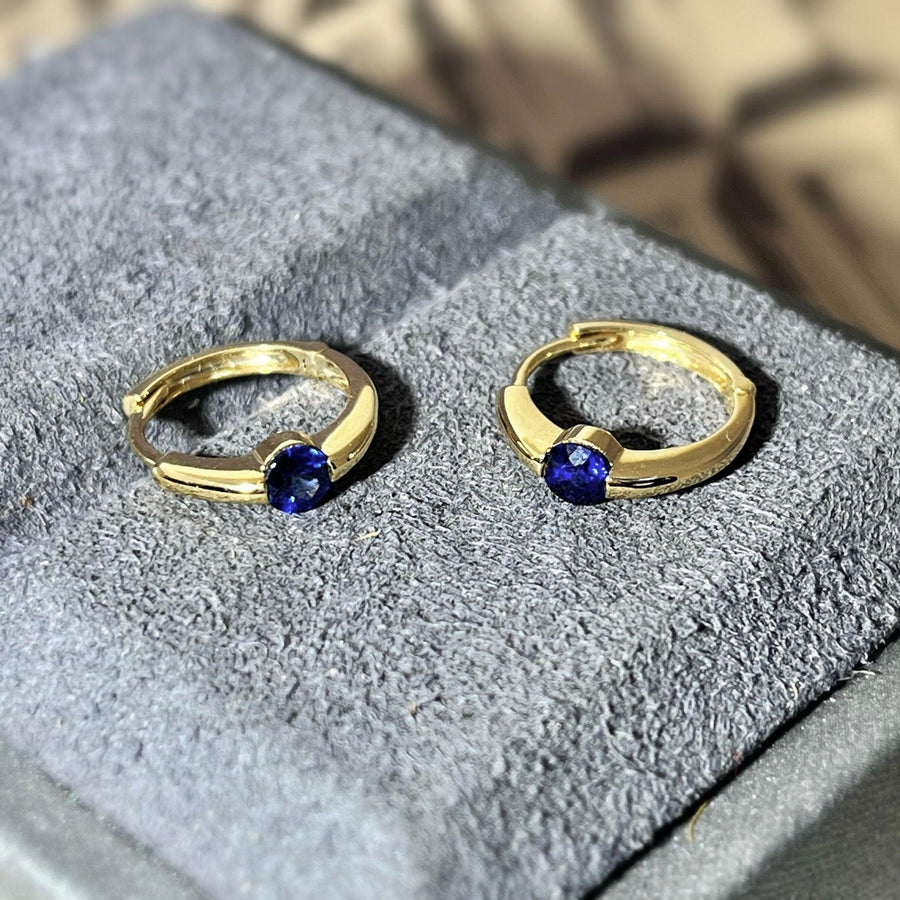 Ready to ship! 18K Solid Gold Royal Blue Sapphire Huggie Hoop Earrings, 0.2ct Natural Genuine High Quality Blue Sapphire Earrings for her