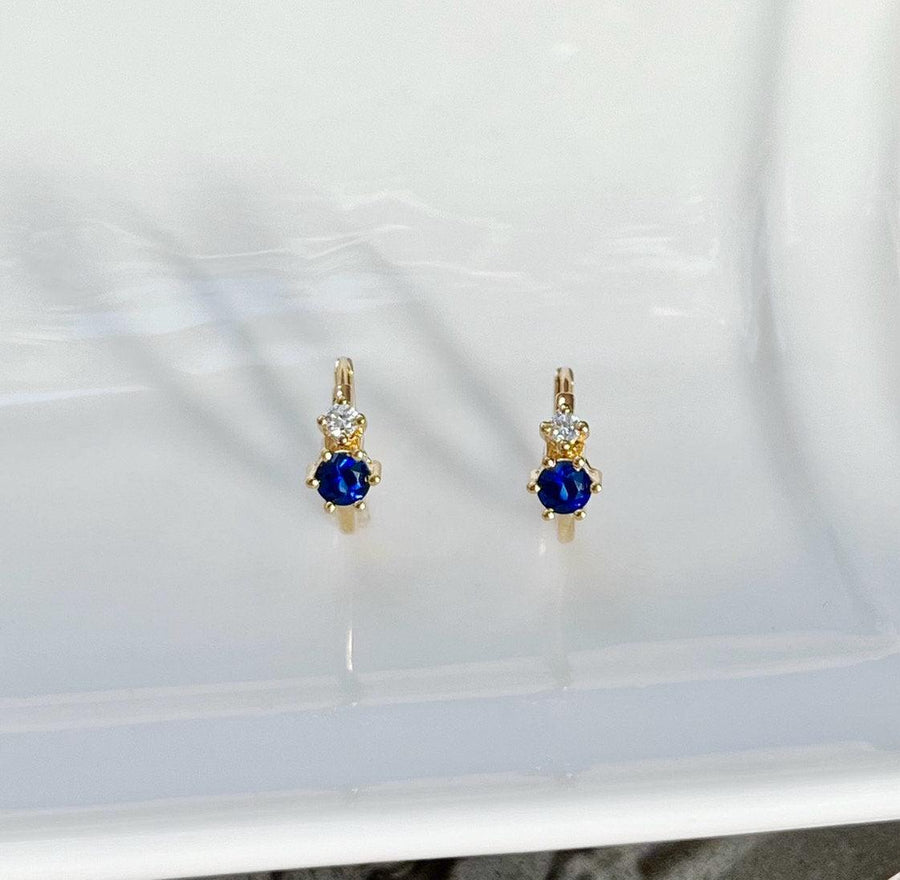 Ready to ship! 18K Solid Gold Natural Blue Sapphire & Diamond Dainty Huggie Hoop Earrings, Genuine Royal Blue Sapphire Huggies, Gift for her