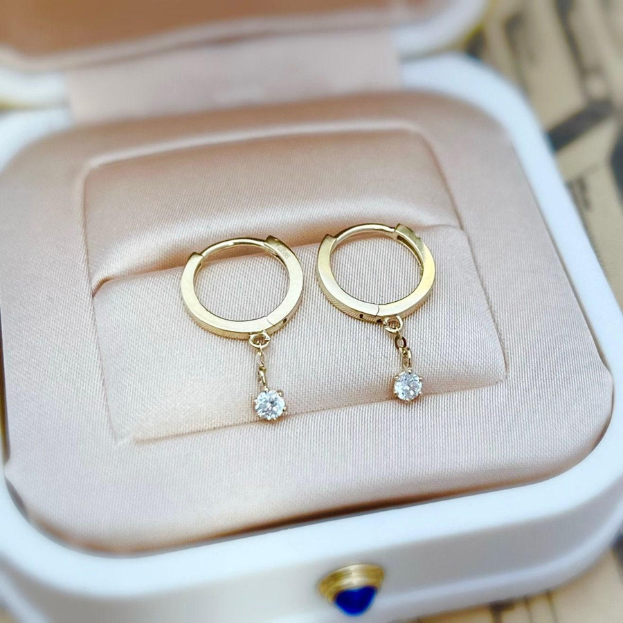 Ready to ship! 14K Solid Gold Dainty Dangle CZ Huggie Hoop Earrings, Solitaire drop Earrings, Solid Gold Small Charm Huggies, Gift for her