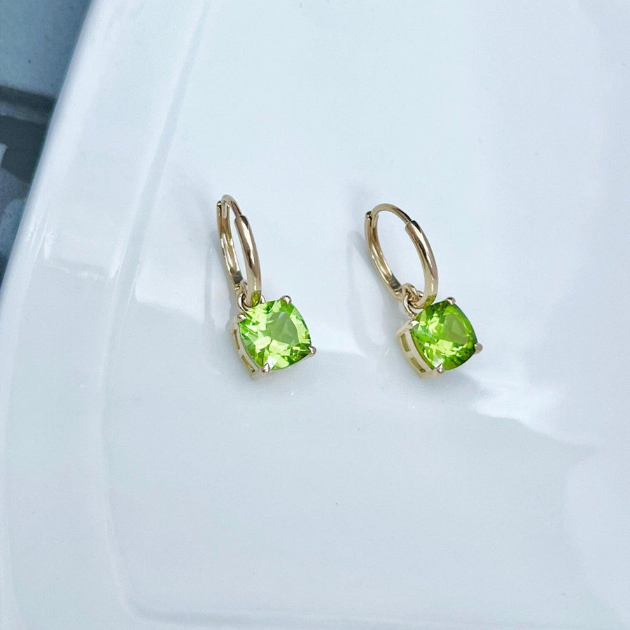 Ready to ship! 14k Solid Gold 3.2ct Natural Peridot Drop Earrings, Solid Gold Square Green Peridot Huggie Earrings, August Birthstone Gift