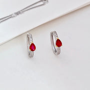 18K Solid White Gold Natural Teardrop Ruby & Diamond Huggie Hoop Earrings, Genuine Ruby Huggies, July Birthstone Gift