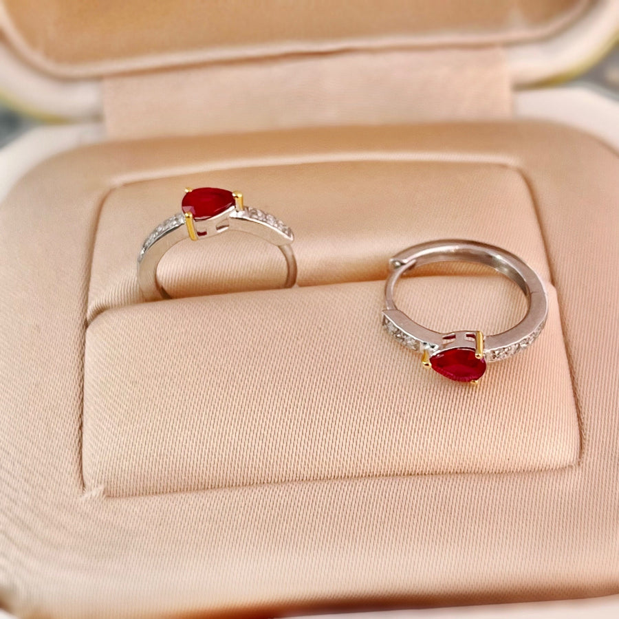 18K Solid White Gold Natural Teardrop Ruby & Diamond Huggie Hoop Earrings, Genuine Ruby Huggies, July Birthstone Gift