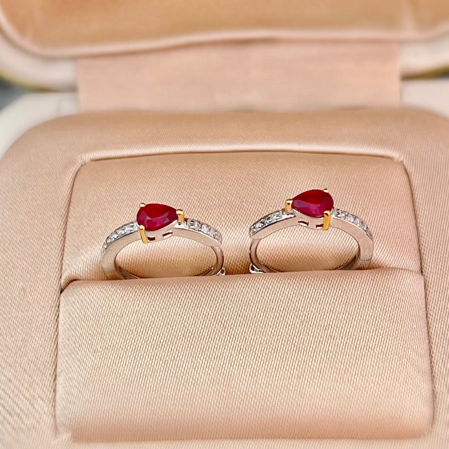 18K Solid White Gold Natural Teardrop Ruby & Diamond Huggie Hoop Earrings, Genuine Ruby Huggies, July Birthstone Gift