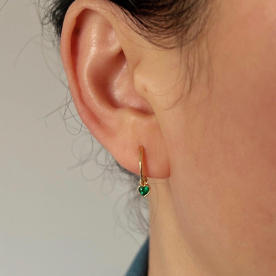 18K Solid Gold Natural Emerald Heart Charm Earrings, Genuine Natural Vivid Green Emerald Dangling Charm Hoop Earrings