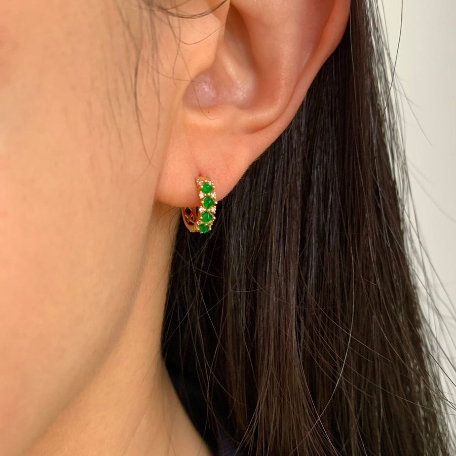 18K Solid Gold Genuine Vivid Green Emerald Huggie Hoop Earrings, Real Natural Emerald & Diamond Huggies, May Birthstone Gift